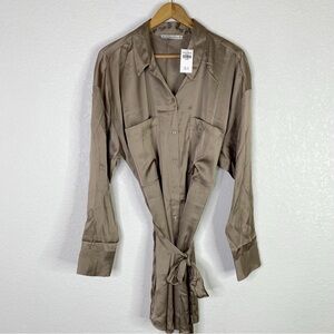 Abercrombie & Fitch Champagne Tan Satin Long Sleeve Shirt Dress